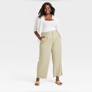 NWT 12 linen blend khaki trousers pants dress pleated wide leg a new day office